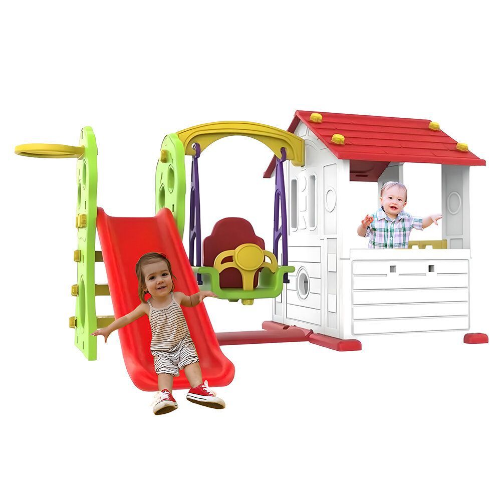 Factual Toys - Panda's Tomo Playhouse - Slide W/ Baby Swing - White & Red