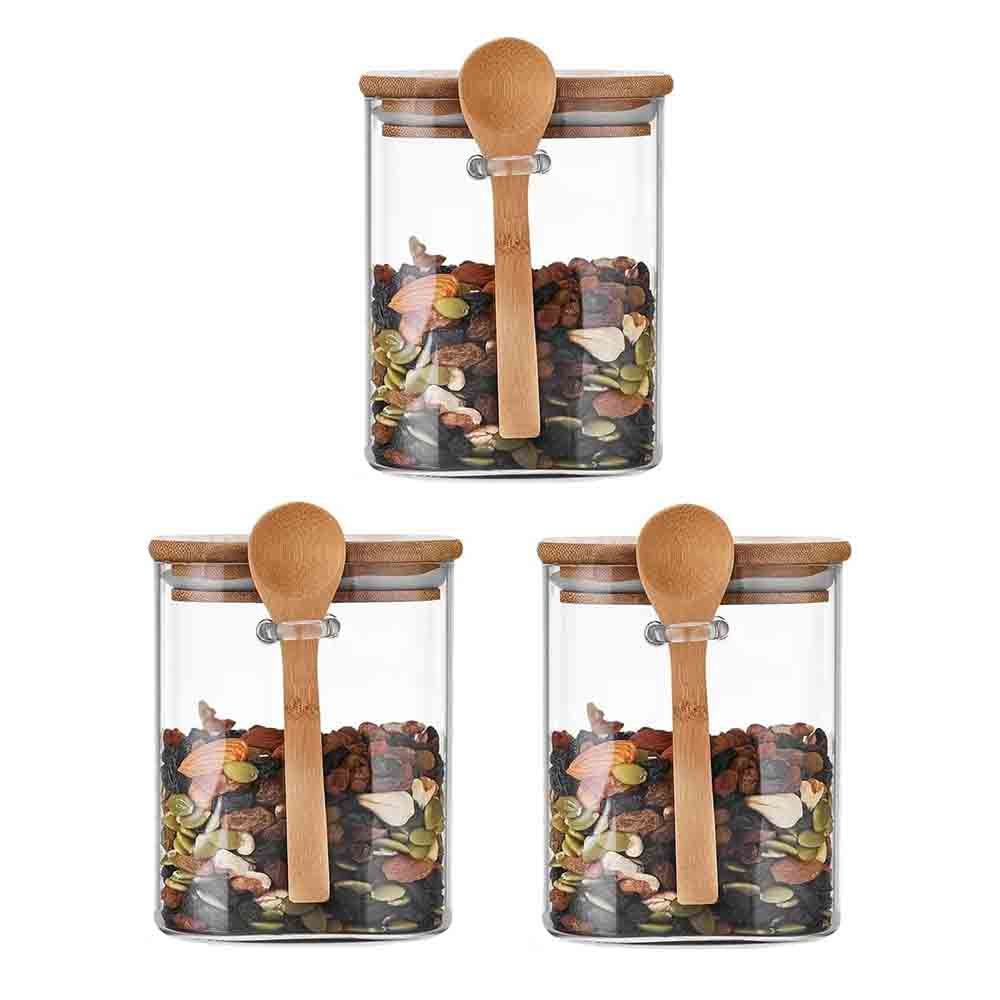 1Chase - Glass Storage Jar With Lid And Spoon - Pack of 3 - 1 L