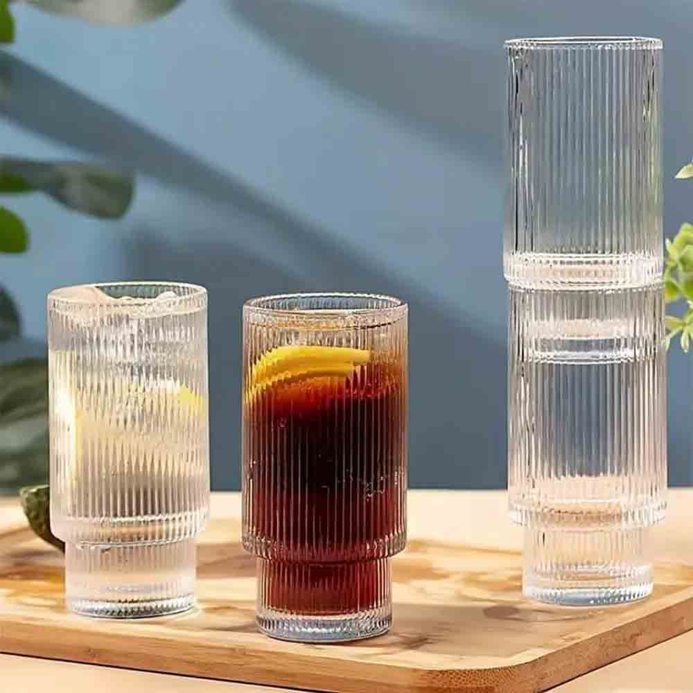 1Chase - Ribbed Drinking Glass With Straw And Lid - 450 ml - Pack of 4