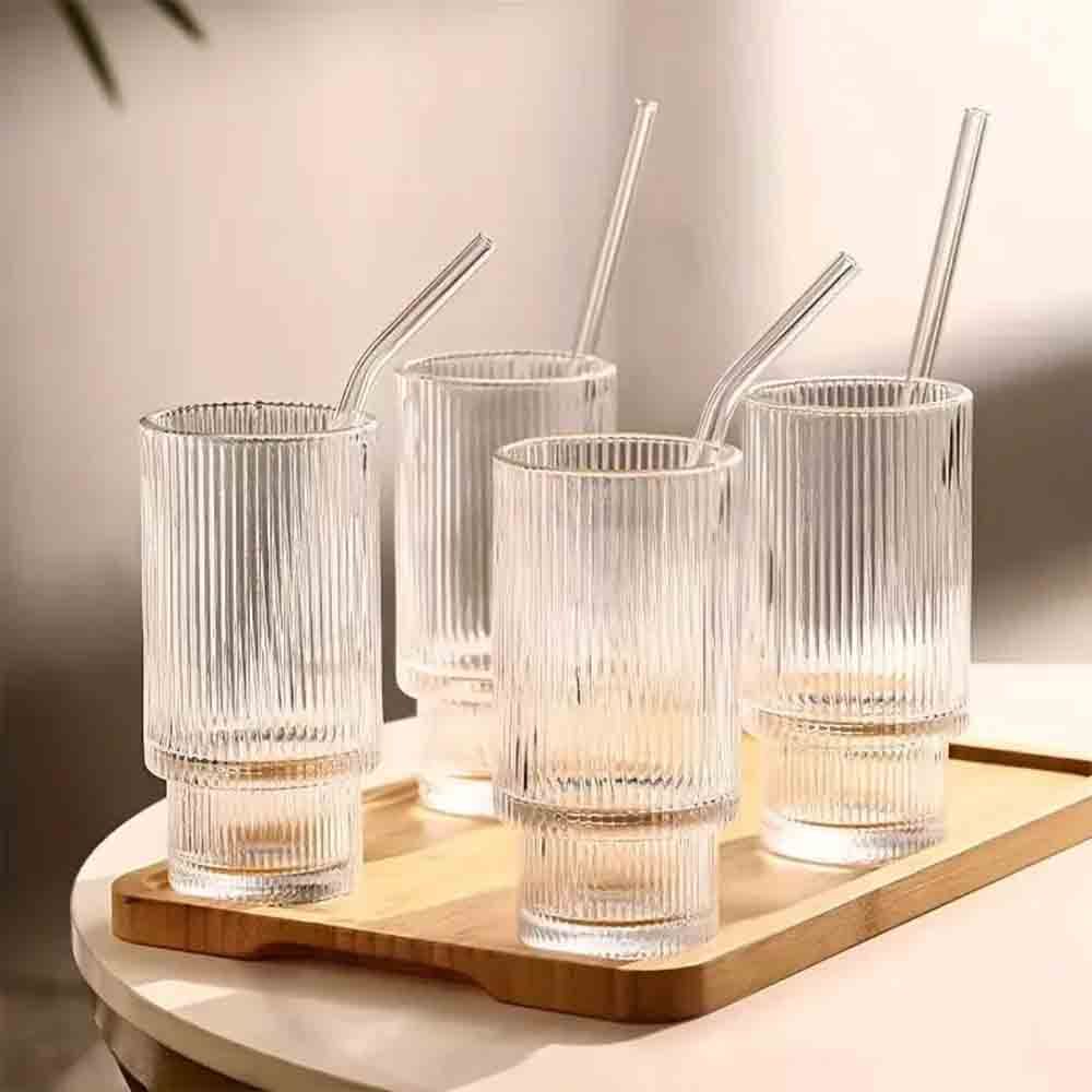 1Chase - Ribbed Drinking Glass With Straw - 450 ml - Pack of 4