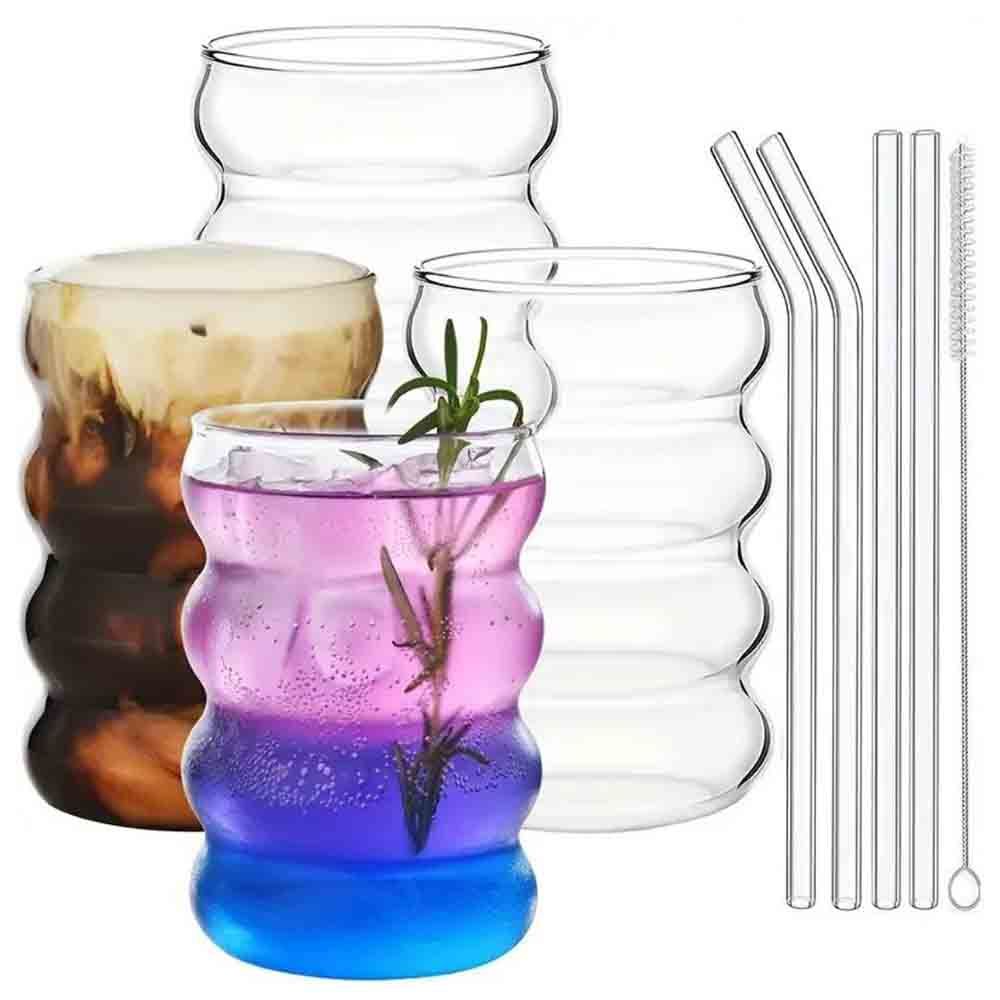 1Chase - Ripple Shaped Drinking Glass With Straw - 330 ml - Pack of 4