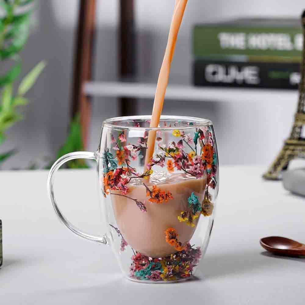 1Chase - Flower Design Glass Coffee Cup With Handle - 350 ml - Pack of 2