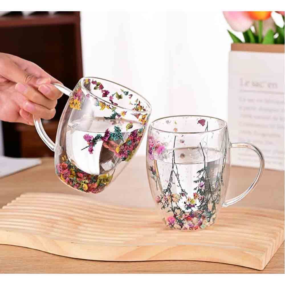 1Chase - Flower Design Glass Coffee Cup With Handle - 350 ml - Pack of 2