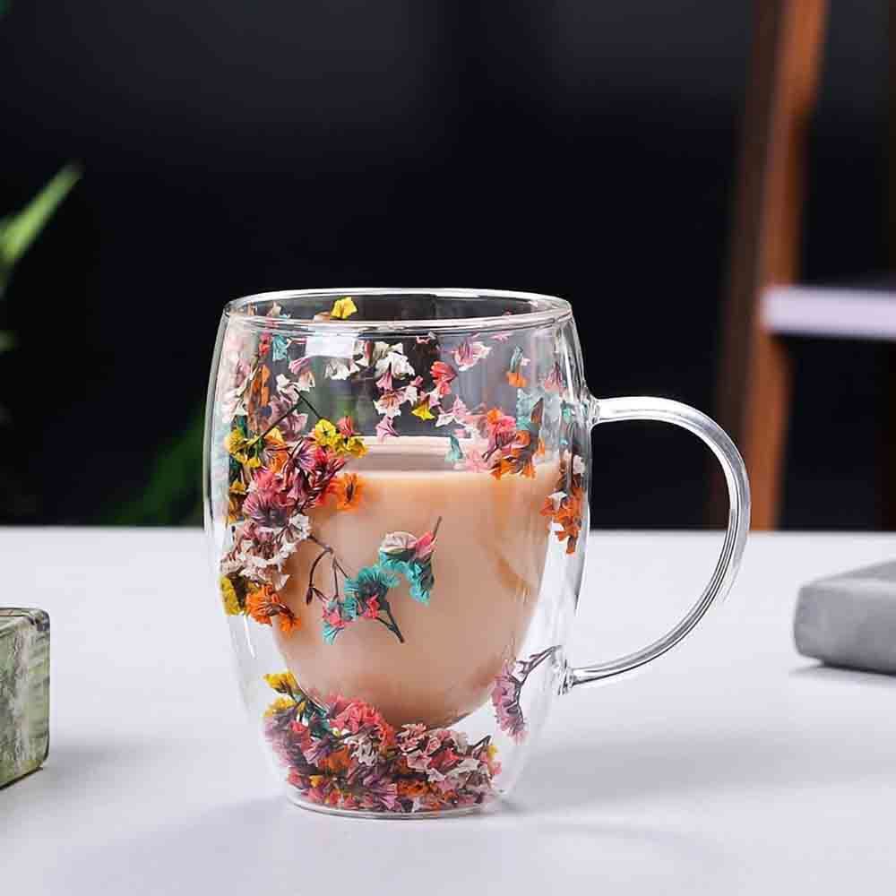 1Chase - Flower Design Glass Coffee Cup With Handle - 350 ml