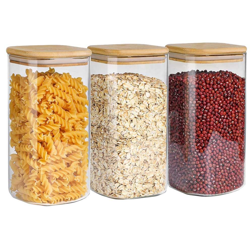 1Chase - Glass Square Storage Jar With Bamboo Lid - 1.5 L - Pack of 3