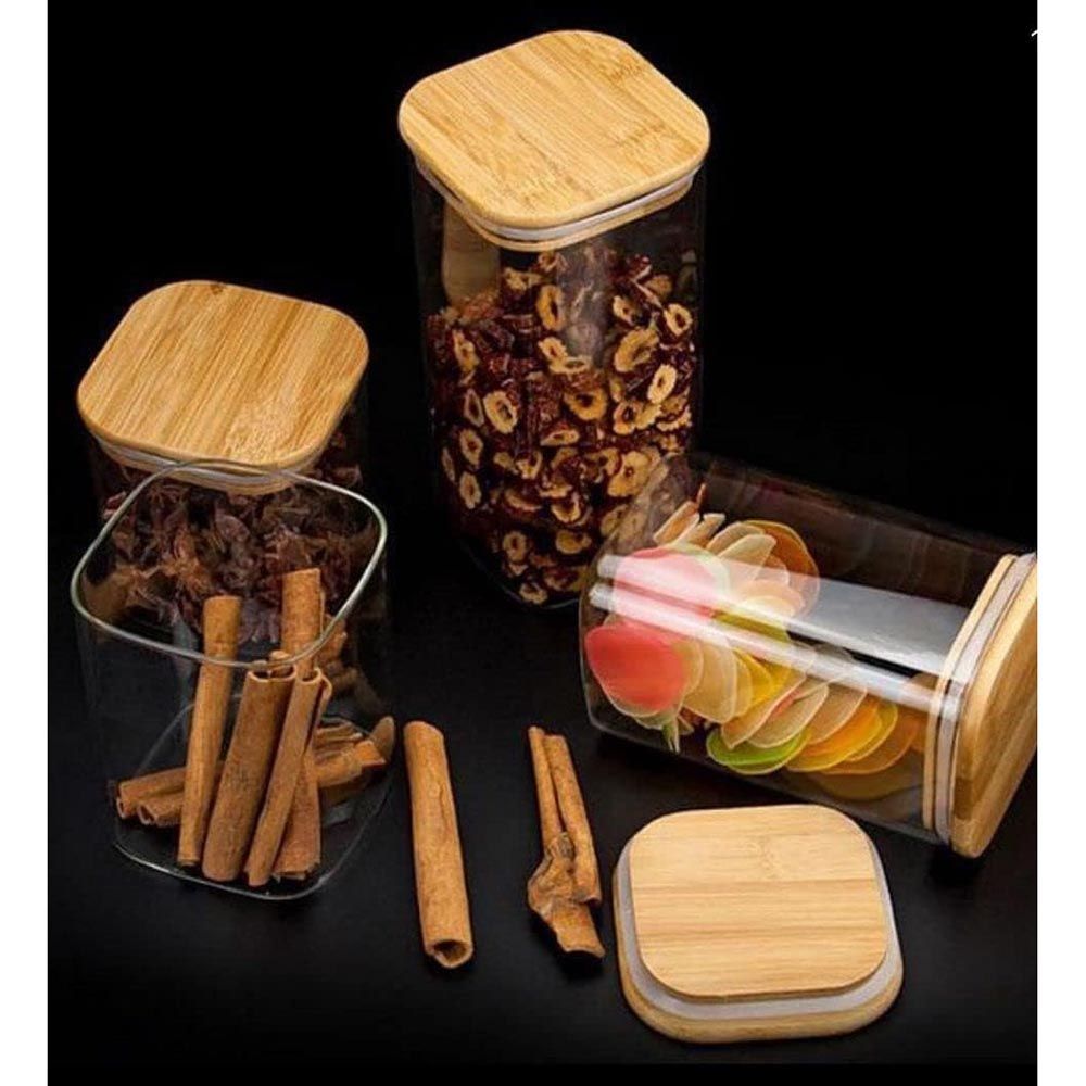 1Chase - Glass Square Storage Jar With Bamboo Lid - 1.5 L - Pack of 3