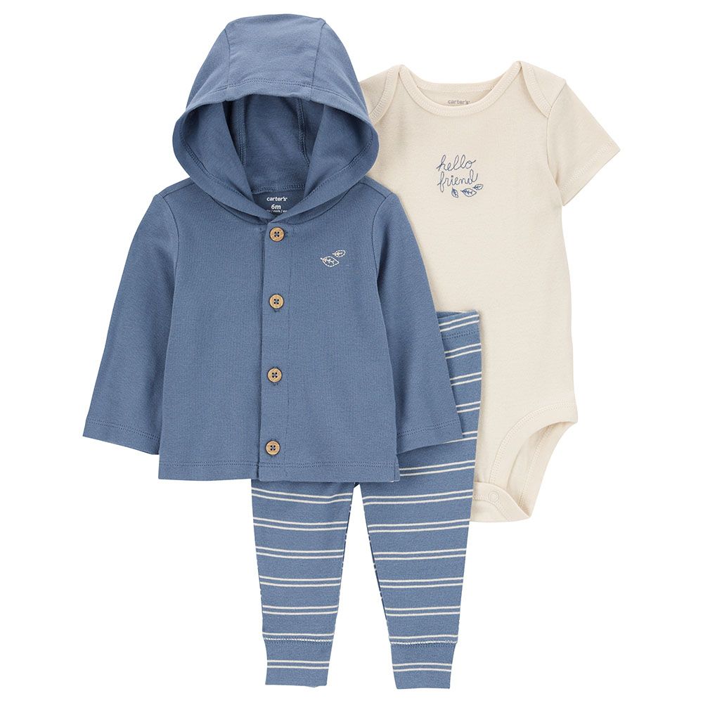 Carters - 3pc-Set - Little Cardigan With Bodysuit & Pants - Blue/White