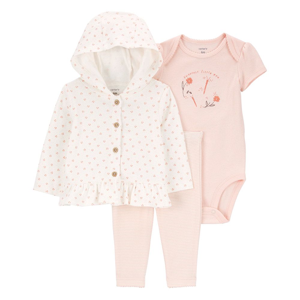 Carters - 3pc-Set - Little Hooded Cardigan, Bodysuit And Pants - Pink/White