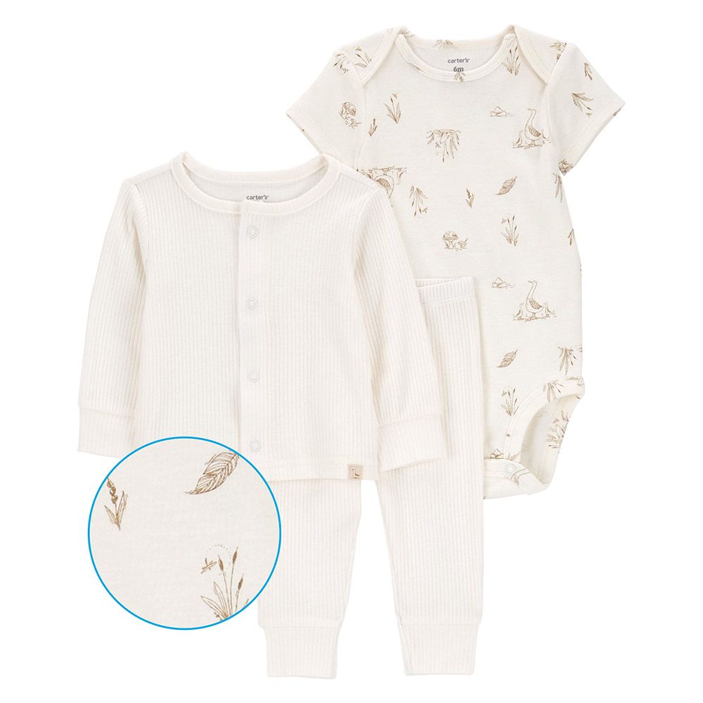 Carters - 3pc-Set - Little Cardigan, Bodysuit And Pants - Ivory