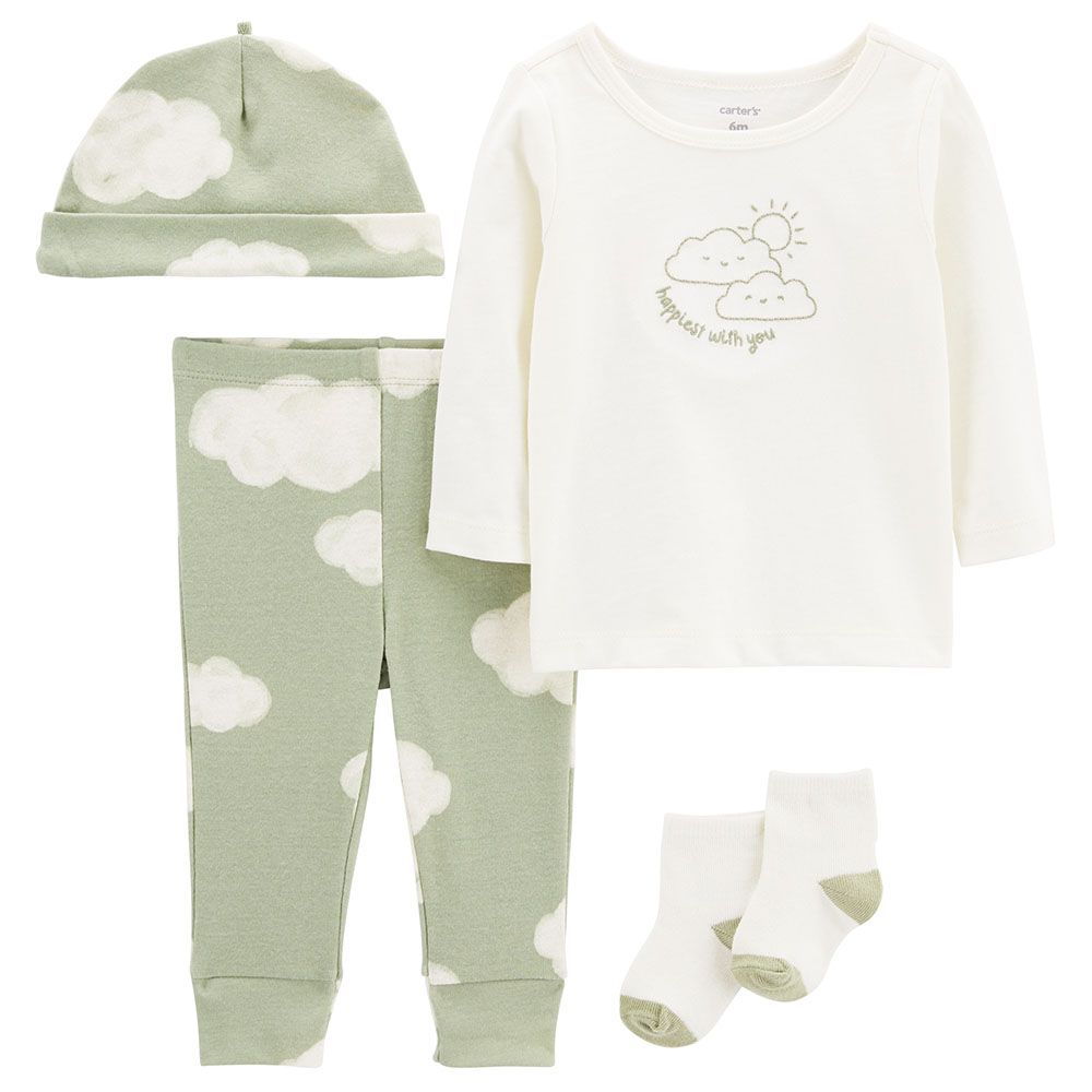 Carters - 4pc-Set - Pyjama Suit w/ Beanie Cap & Socks - Green/White