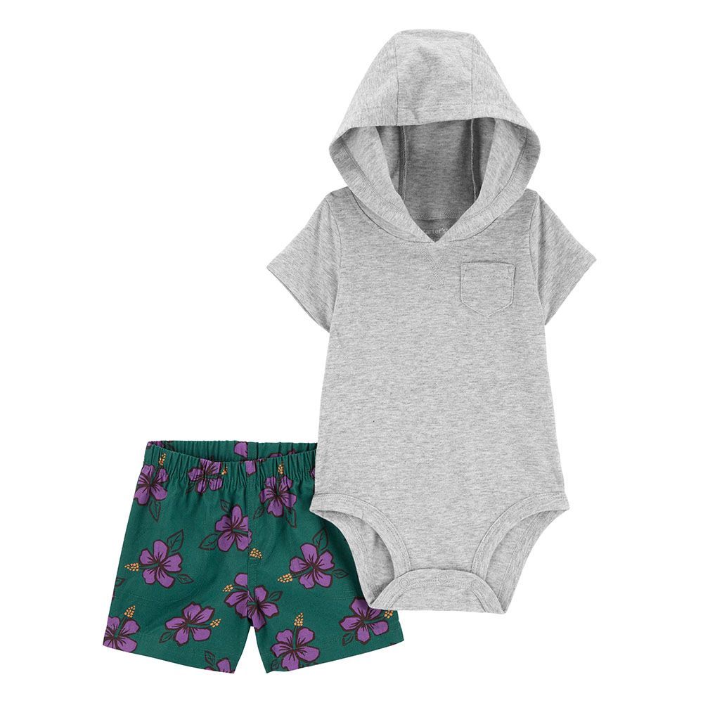 Carters - 2pc-Set - Hooded Bodysuit And Floral Shorts - Heather/Green