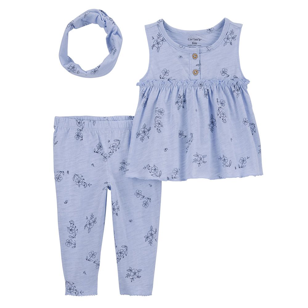 Carters - 3pc-Set - Floral Little Top, Pants And Headband - Blue