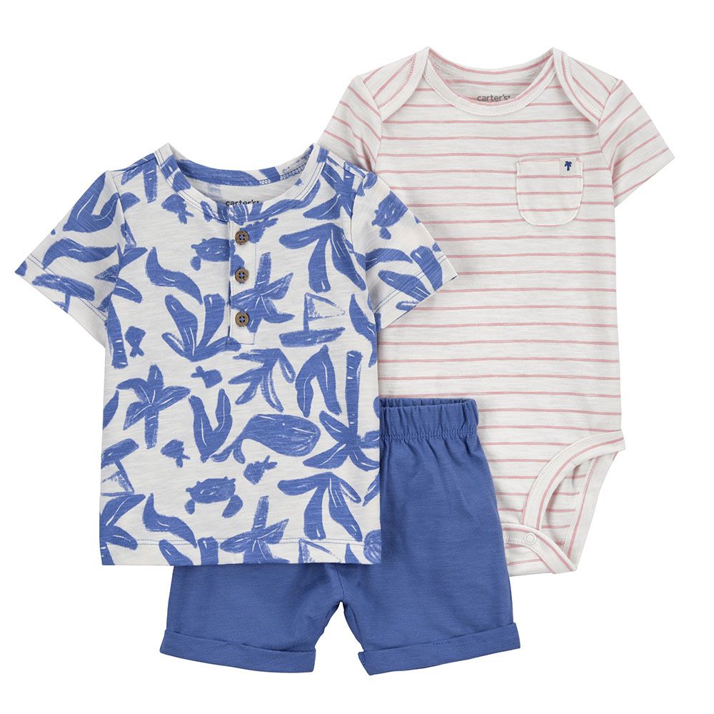 Carters - 3pc-Set - Whale T-Shirt, Bodysuit And Short - Blue/White