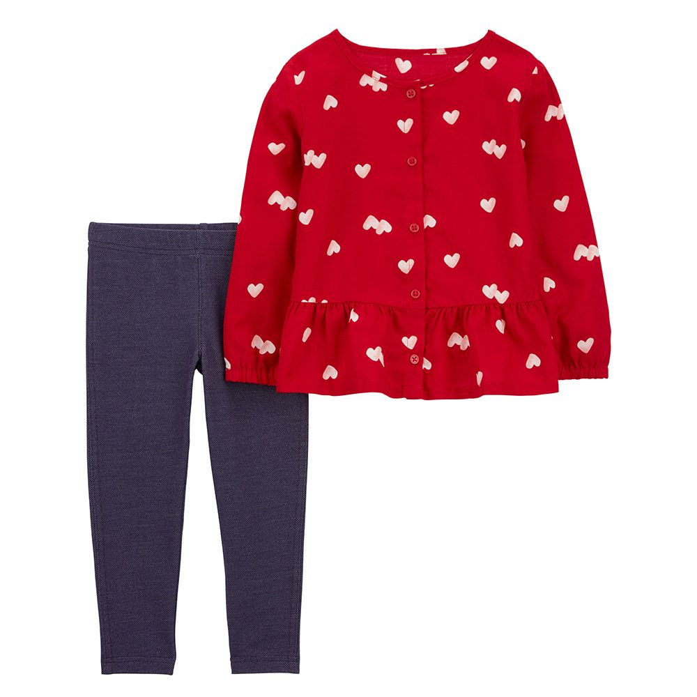 Carters - 2pc-Set - Heart Top And Knit Denim Leggings - Red/Blue