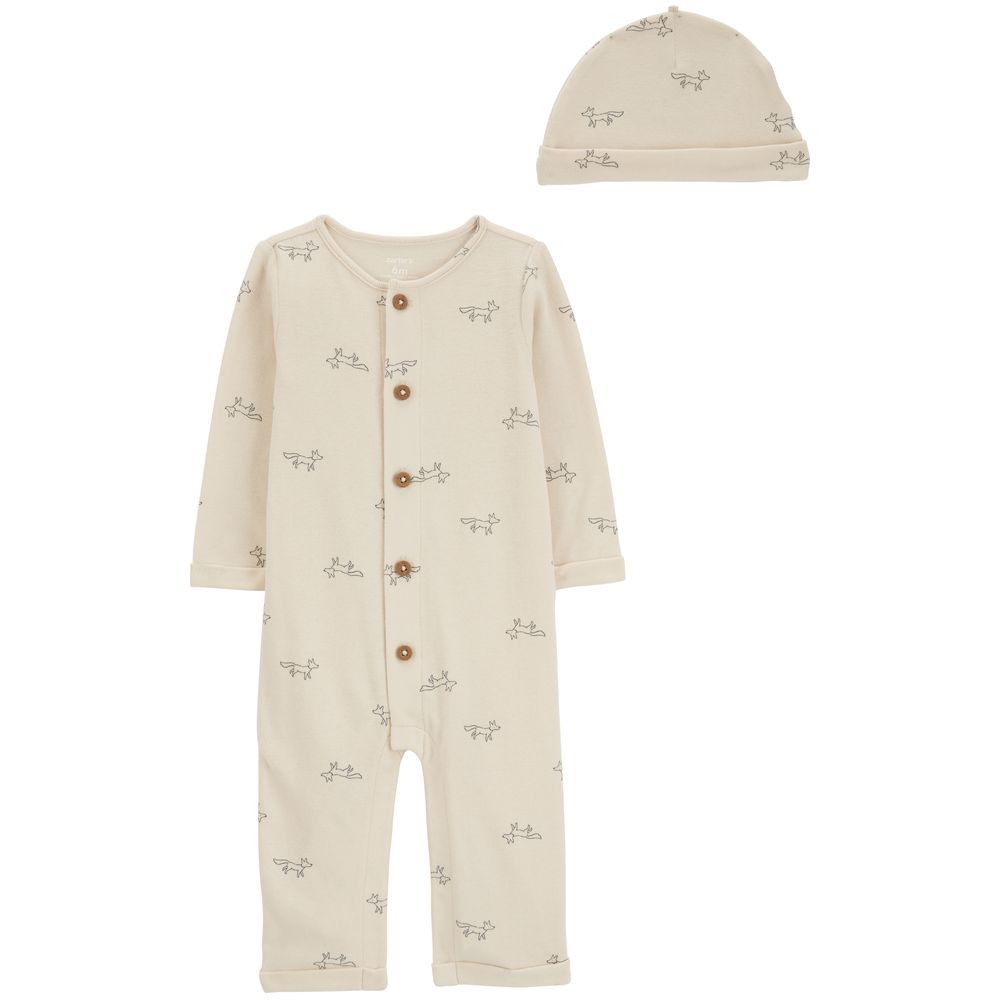 Carters - 2pc-Set - Button Animal Jumpsuit & Cap - Ivory