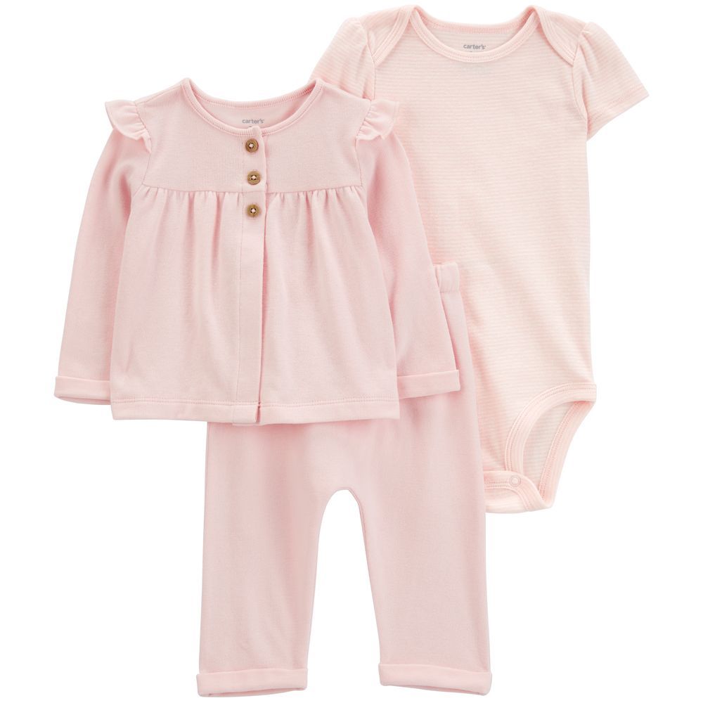 Carters - 3pc-Set - Baby Bodysuit, Little Cardigan & Pants - Pink