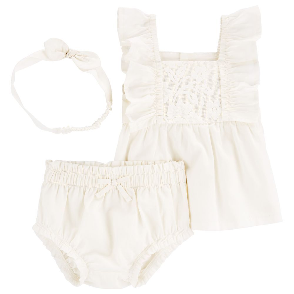 Carters - 3pc-Set - Girls Lace Flutter Top Diaper Cover and Headwrap - Ivory