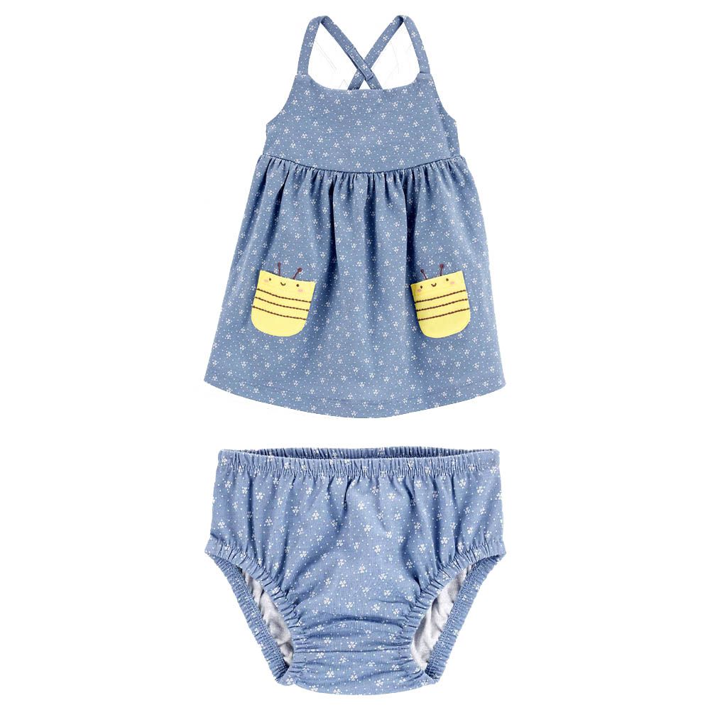 Carters - 2pc-Set - Girls Polka Dot Bee Dress and Diaper Cover - Blue