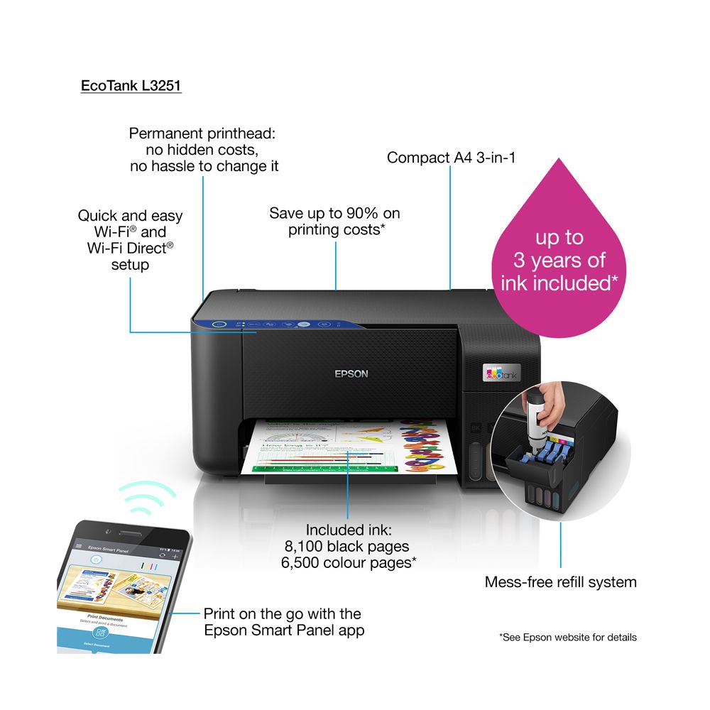 Epson - Ecotank L3251 A4 Colored 3-In-1 Printer W/ Wifi & SmartPanel App