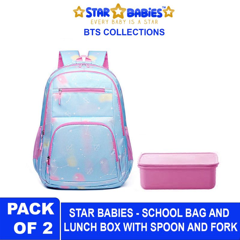 Star Babies - School Backpack W/ Eco Friendly Lunch Box W/ Spoon & Fork - Blue/Pink