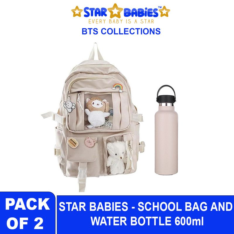 Star Babies - School Backpack W/ Stainless Steel Water Bottle 600ml - Cream