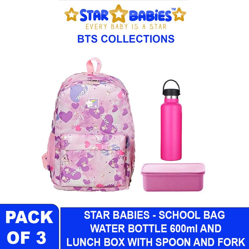 Star Babies - School Backpack W/ Eco Friendly Lunch Box Box W/ Spoon & Fork, Stainless Steel Water Bottle 600ml - Pink