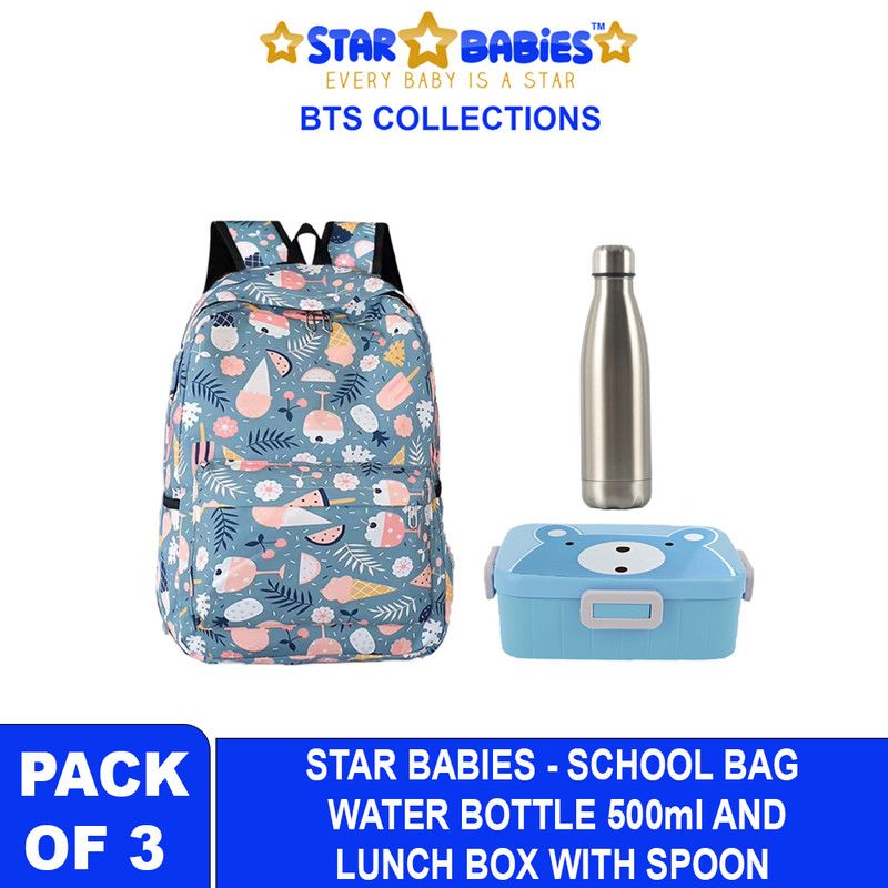 Star Babies - School Backpack W/ Eco Friendly - BPA Free Lunch Box, Stainless Steel Water Bottle 500ml - Blue