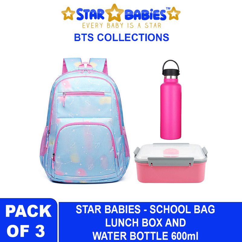 Star Babies - School Backpack W/ Eco Friendly - BPA Free Lunch Box, Stainless Steel Water Bottle 600ml - Blue/Pink