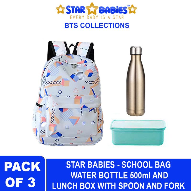 Star Babies - School Backpack W/ Eco Friendly Lunch Box W/ Fork & Spoon BPA Free, Stainless Steel  Water Bottle 500ml - White