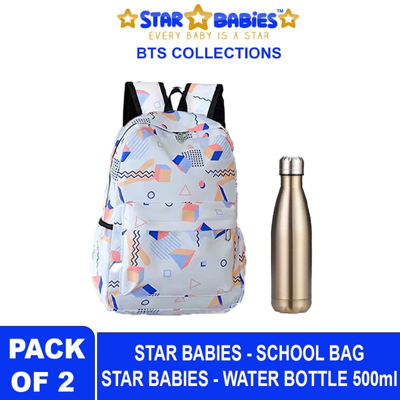 Star Babies - School Backpack W/ Stainless Steel Water Bottle 500ml - White/Silver