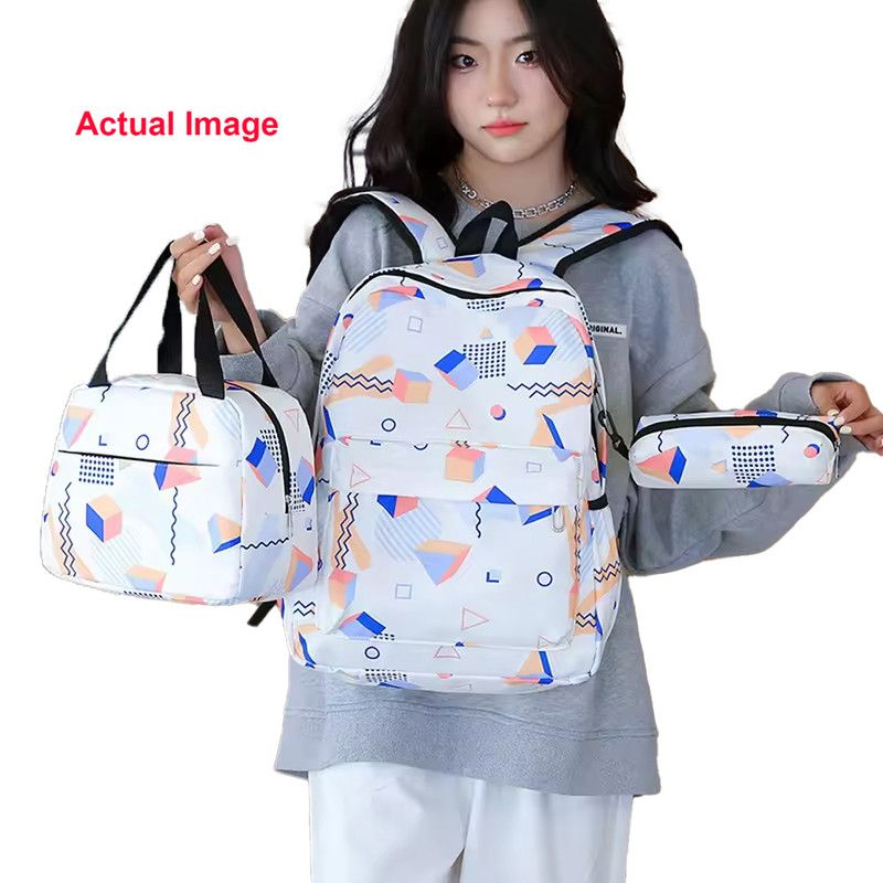 Star Babies - Preppy Style Rainbow Color School Backpack W/ Lunch Box Bag & Pencil Case - 3pcs Set - White