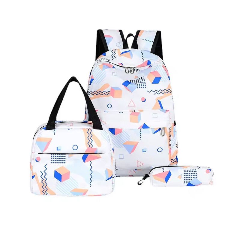 Star Babies - Preppy Style Rainbow Color School Backpack W/ Lunch Box Bag & Pencil Case - 3pcs Set - White