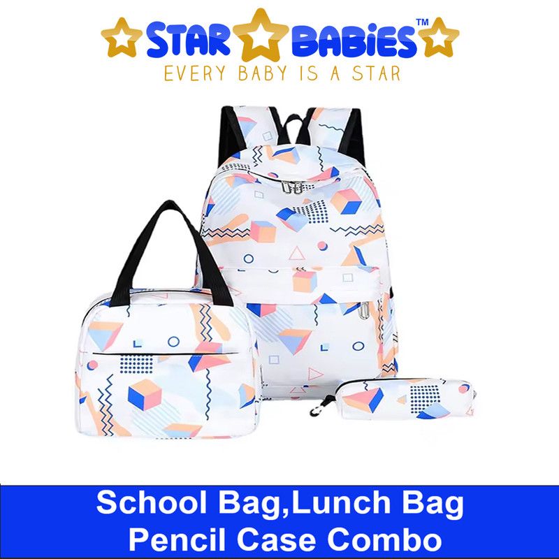 Star Babies - Preppy Style Rainbow Color School Backpack W/ Lunch Box Bag & Pencil Case - 3pcs Set - White