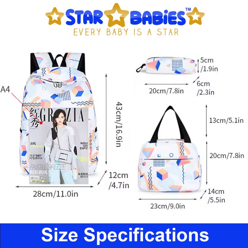 Star Babies - Preppy Style Rainbow Color School Backpack W/ Lunch Box Bag & Pencil Case - 3pcs Set - White