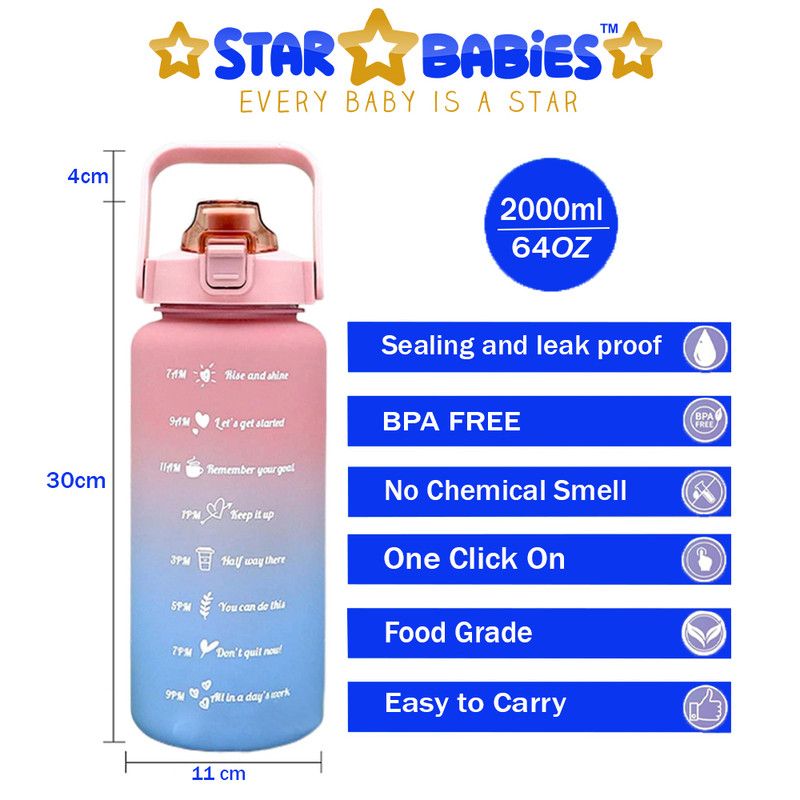 Star Babies - Water Bottle With Straw And Time Marker - Blue/Pink - 2 L