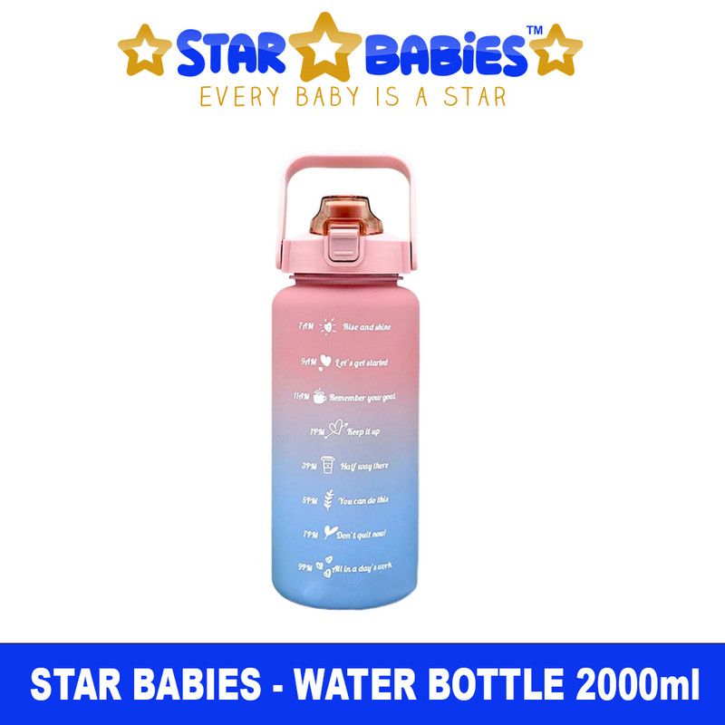 Star Babies - Water Bottle With Straw And Time Marker - Blue/Pink - 2 L