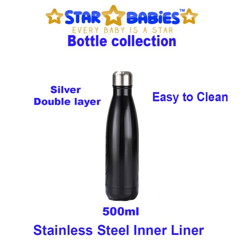 Star Babies - Stainless Steel Vacuum Water Bottle - Black - 500 ml