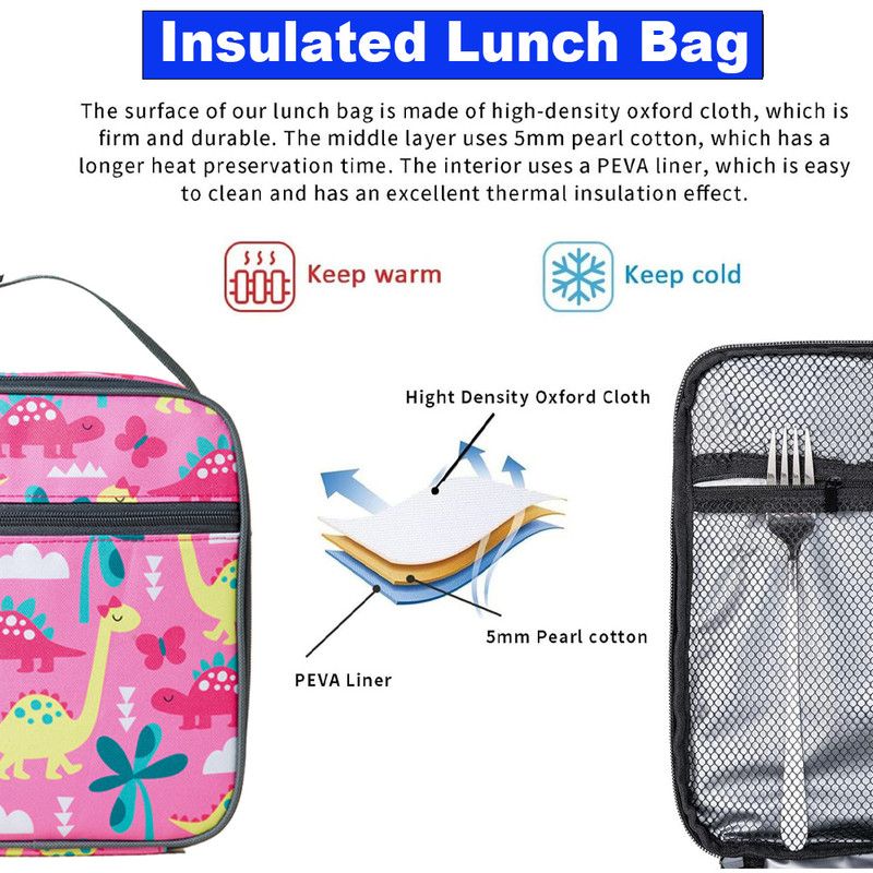 Star Babies - Aschar Reusable Lunch Bag W/ Adjustable Strap & Insulated Lunch Cooler - Pink Dinosaur