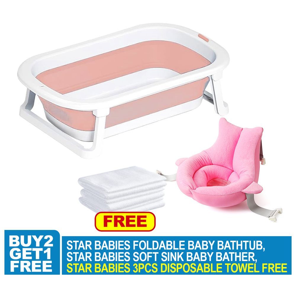 Star Babies - Foldable Bathtub, Sink Bather With Disposable Towel 3pcs - Pink