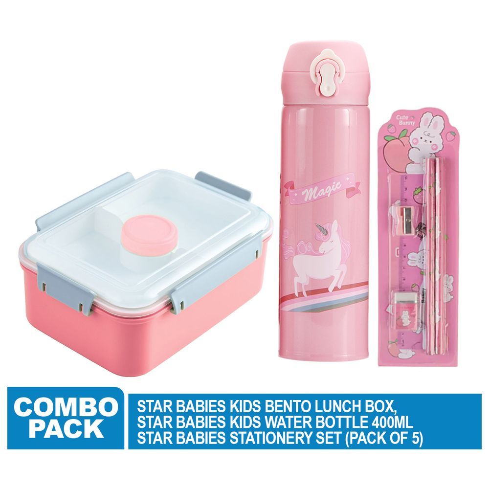 Star Babies - Stationery Set With Kids Water Bottle 400ml and Lunch Box - Pink