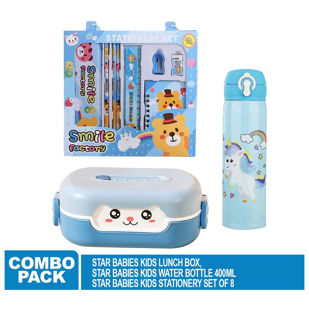 Star Babies - Stationery Set 8pcs With Kids Water Bottle 400ml and Lunch Box - Blue