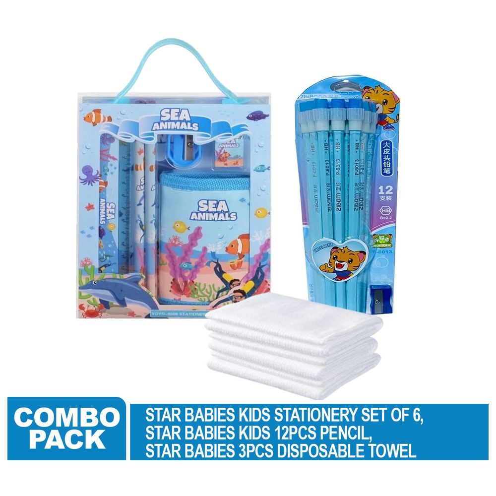 Star Babies - Stationery Set 6pcs With Pencil Set 12pcs and Disposable Towel 3pcs - Blue