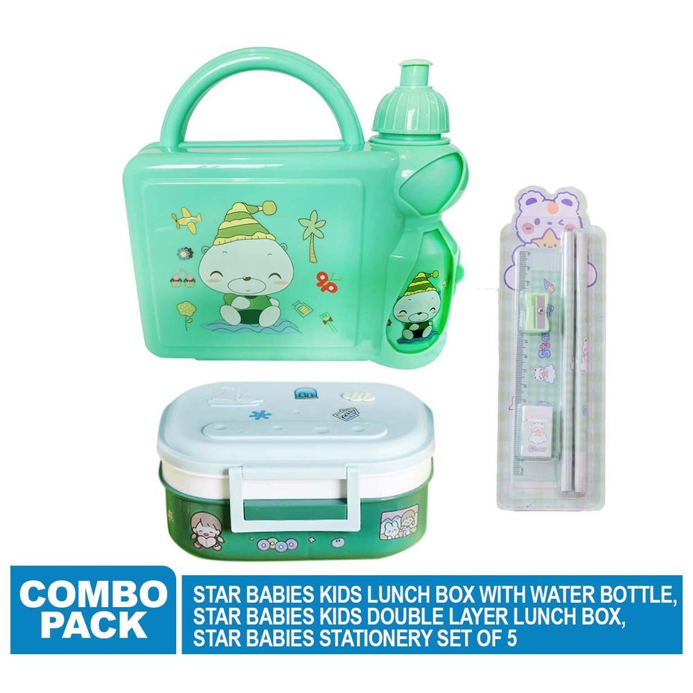 Star Babies - Stationery Set 5pcs, Kids Lunch Box With Water Bottle and Lunch Box - Green