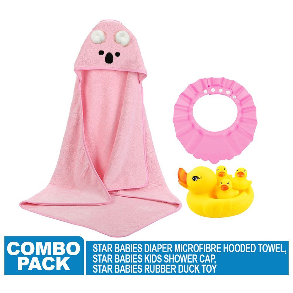 Star Babies - Microfiber Hooded Towel and Kids Shower Cap With Rubber duck 4pcs - Pink