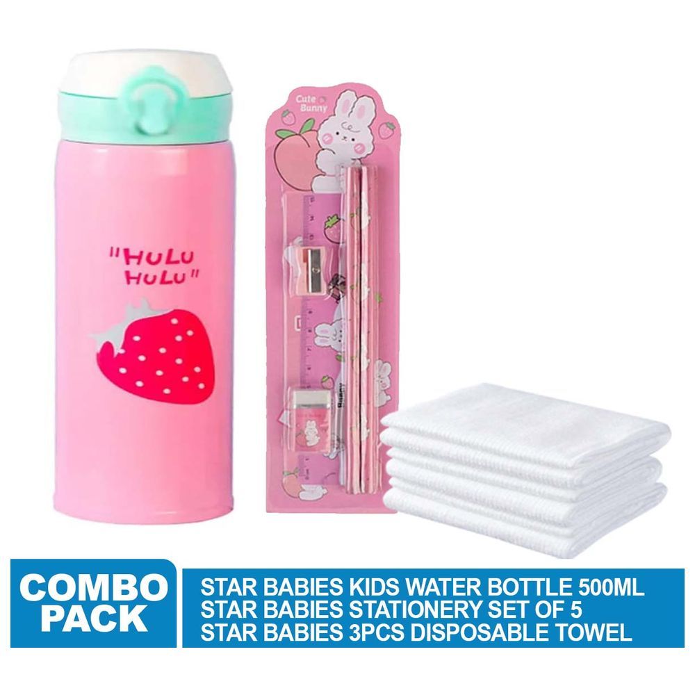 Star Babies - Stationery Set 5pcs With Kids Water Bottle and Disposable Towel 3pcs - Pink