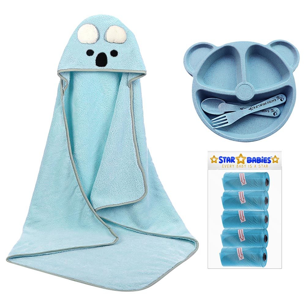 Star Babies - Microfiber Hooded Towel, Scented Bag 5pcs and Baby Plate - Blue