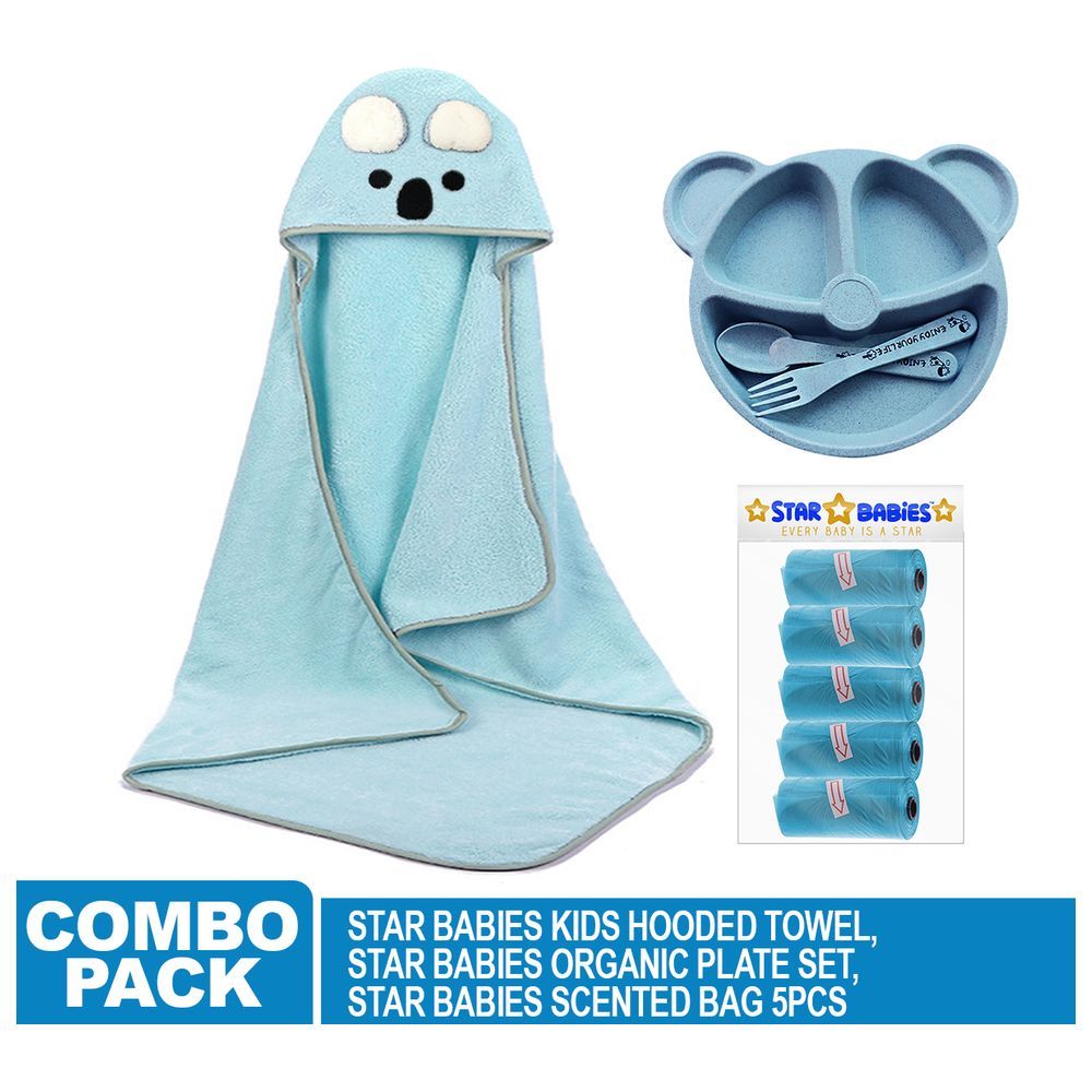 Star Babies - Microfiber Hooded Towel, Scented Bag 5pcs and Baby Plate - Blue