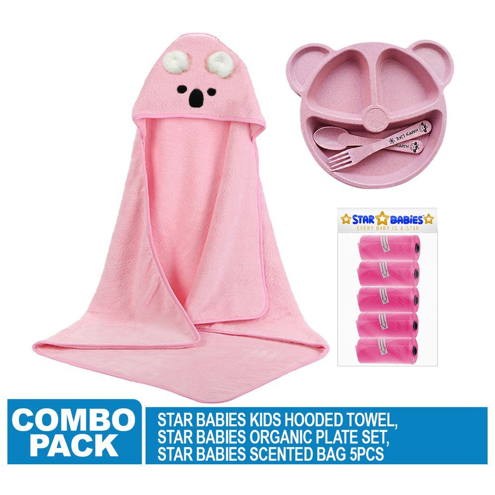 Star Babies - Microfiber Hooded Towel, Scented Bag 5pcs and Baby Plate - Pink