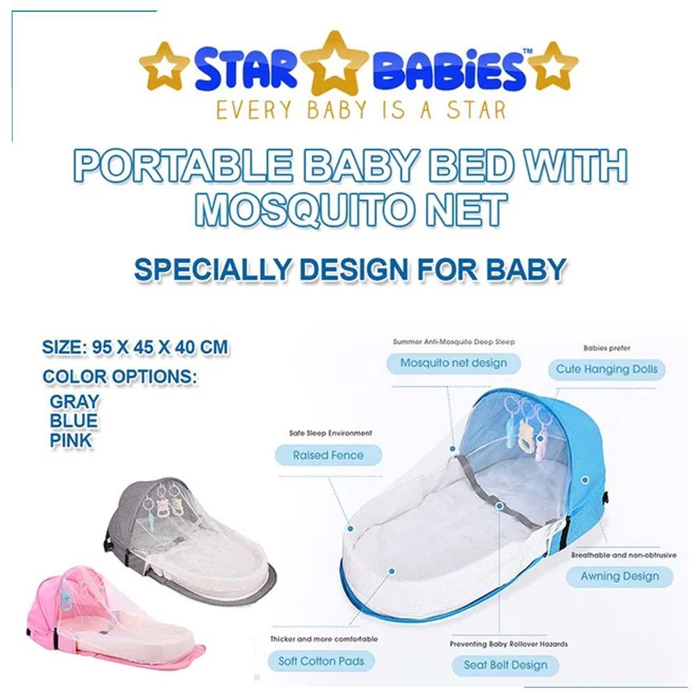 Star Babies - Baby Sleeping Pod & Bed w/ Mosquito Net - Grey/Blue