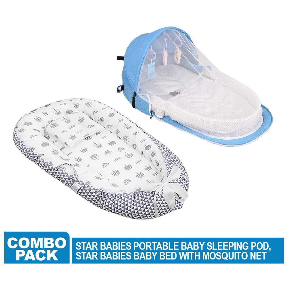 Star Babies - Baby Sleeping Pod & Bed w/ Mosquito Net - Grey/Blue